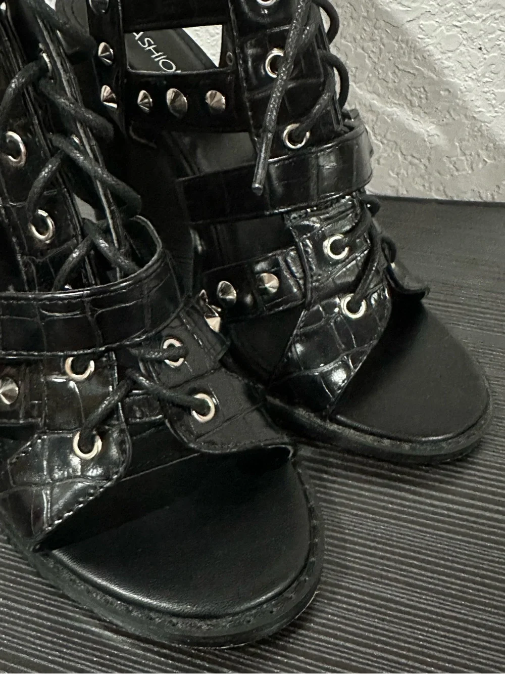 Fashion Nova Black Studded Cage Lace-Up Heels size 7.5